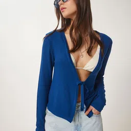 Happiness istanbul Women V-Neck Long Sleeves Front-Open Sweaters image 4