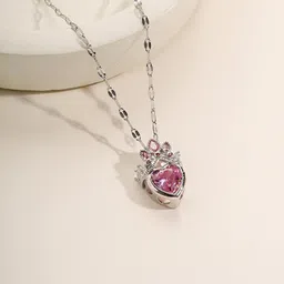 Estailo fashion Women Silver-Plated Cubic Zirconia-Studded Heart Crown Pendant With Chain image 5
