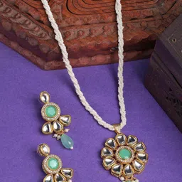 NVR Women Gold Plated Kundan Studded & Pearls Beaded Long Jewellery Set-picture-29