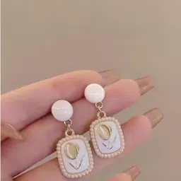 Khusha Creations White & Gold Floral with Pearls Border Drop Earrings-picture-32