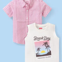 Babyhug Cotton Woven Half Sleeves   Striped Shirt with Sleeveless T-Shirt Tropical Print - Pink-image-12