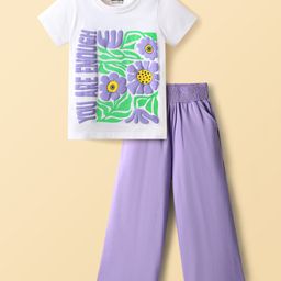 Honeyhap Premium 100% Cotton Half Sleeves Top & Palazzo Set with Bio Wash & Floral Print - Bright White & Violet Tulip-picture-15