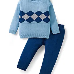 Babyhug Knit Full Sleeves Pullover Sweater Set with Geometry Design - Light Blue & Navy Blue image 1