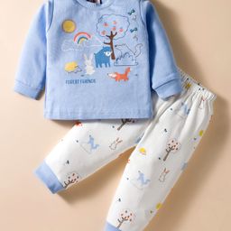 Zero Sinker Knit Full Sleeves Night Suit with Animal Print - Light Blue & White-picture-13