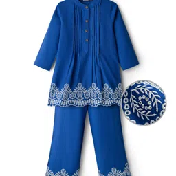 Pine Kids Cotton Woven Full Sleeves Pintuck & Embroidered Detailing Top & Pant Set - Blue-picture-12