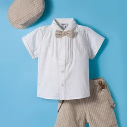 ToffyHouse Cotton Knit Half Sleeves Solid Party Shirt & Shorts Set With Bow Suspender & Cap - Tan & White-picture-22