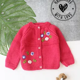 Woonie Hand Knitted Full Sleeves Floral Embroidered Sweater - Pink-picture-24