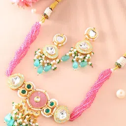 DASTOOR Gold-Plated Kundan-Studded & Beaded Jewellery Set-picture-35