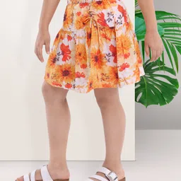 arias by lara dutta Arias Woven Printed Knee Length Tiered Skirt With Lining And Ruching Tie Up Detail- Orange image 2