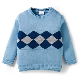 Babyhug Knit Full Sleeves Pullover Sweater Set with Geometry Design - Light Blue & Navy Blue image 2