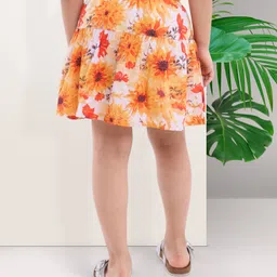 arias by lara dutta Arias Woven Printed Knee Length Tiered Skirt With Lining And Ruching Tie Up Detail- Orange image 3