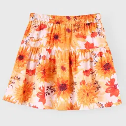 arias by lara dutta Arias Woven Printed Knee Length Tiered Skirt With Lining And Ruching Tie Up Detail- Orange image 4
