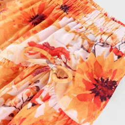 arias by lara dutta Arias Woven Printed Knee Length Tiered Skirt With Lining And Ruching Tie Up Detail- Orange image 5