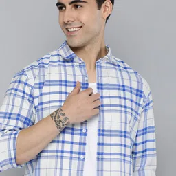 Mast & Harbour Men Blue And White Slim Fit Tartan Checked Pure Cotton Casual Shirt-image-44