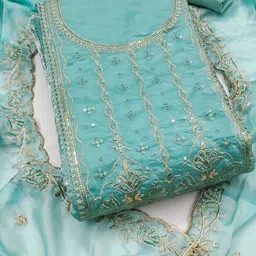 KALINI Sea Green Viscose Fendy Sattin Sequence Dress Material With Dupatta image 3