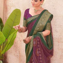 Mitera Bandhani Printed Zari Woven Design Border Bandhani Saree with Blouse Piece image 3