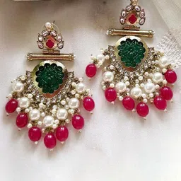 Lyriss Gold Plated Artificial Stones Studded and Beaded Contemporary Shaped Drop Earrings-picture-33
