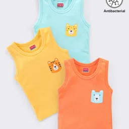Babyhug 100%  Antibacterial Sleeveless Sando Vests Tiger Print Pack Of 3- Orange Yellow & Blue-image-44
