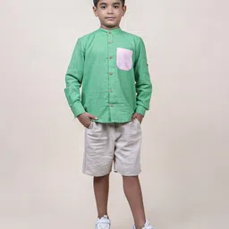 Jilmil Boy's Seen Colorblocked rolled up Cotton Shirt - Green-picture-22