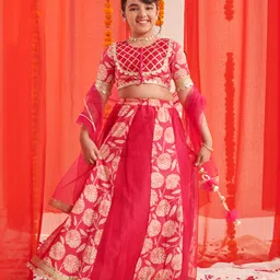 Pspeaches Silk Blend Half Sleeves Floral  Printed  Lehenga Choli With Dupatta - Magenta-picture-13