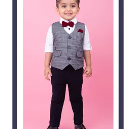 LITTLE COLLARS Blended Full Sleeves Jacquard Checked 3 Piece Party Suit Set With Bow - Navy Blue-picture-19