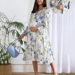 Shades of Sabi Moss Crepe Off Shoulder Three Fourth Bell Sleeves Floral Printed Maternity Dress With Nursing Access - White-image-55