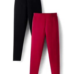 Pine Kids Cotton Knit Full Length Solid Colour Leggings Pack Of 2 - Maroon & Black-picture-24