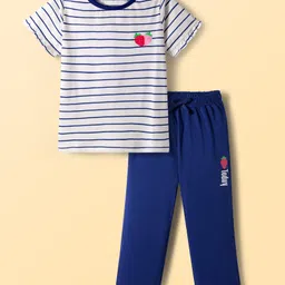 Pine Kids Cotton Knit Half Sleeves Night Suit with Stripes & Fruits Print - White & Blue-picture-15