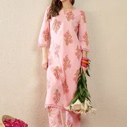 Indo Era Printed Round Neck Three-Quarter Sleeves Pure Cotton Top With Trousers-picture-28