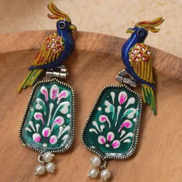 NAMAN ARTS Silver-Plated Artificial Beaded Peacock Shaped Drop Earrings-image-27