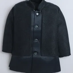 Fourfolds Jacquard Woven Full Sleeves Solid Sherwani With Abstract Embroidered Attached Jacket & Trousers Set - Navy Blue image 3