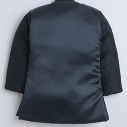 Fourfolds Jacquard Woven Full Sleeves Solid Sherwani With Abstract Embroidered Attached Jacket & Trousers Set - Navy Blue image 4