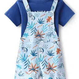 Babyoye 100% Cotton Knit With Eco Jiva Finish Dungaree with Half Sleeves T-Shirt Leaf Print - Multicolour image 4