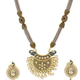 Runjhun Gold-Plated Grey & White Kundan-Studded Beaded Jaipuri Jewellery Set image 2