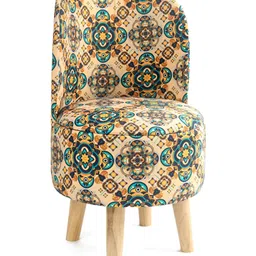 NACIA 2 Pcs Green & Beige Printed Wooden Round Chair & Stool Ottomans image 5