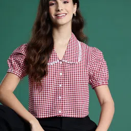 DressBerry Checked Peter Pan Collar Puff Sleeves Pure Cotton Shirt Style Top-picture-19