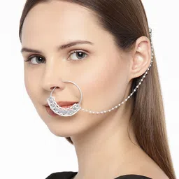Sangria Women Silver-Plated Cubic Zirconia Chained Nosepin-picture-47