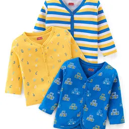 Babyhug 100% Cotton Knit Full Sleeves Striped & Text Printed Antibacterial Vests Pack of 3 - Blue & Yellow-picture-34