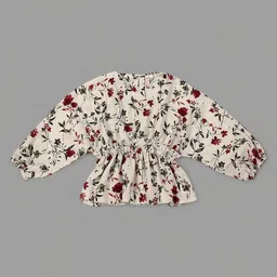Actuel Full Sleeves Floral Printed Top With Inner Tee - Cream Red & Green-picture-10