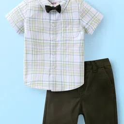 Babyhug Cotton Woven Half Sleeves Checkered Shirt & Shorts Set with Bow  - Green-picture-27