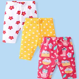 Babyhug Cotton Lycra Knit  Three Fourth Leggings with Floral & Polka Dots Print  Pack of 3 - Pink Yellow & White-picture-24