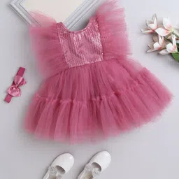 The Magic Wand Frill Sleeves Thread Work Embroidered & Sequins Embellished Tiered Dress With Headband - Pink-picture-10