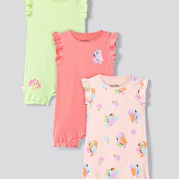 Bonfino 100% Cotton Knit Frill Sleeves Rompers with Birds Print Pack of 3 - Light Green Coral & Peach-image-32