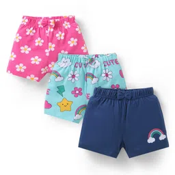 Babyhug Cotton Single Jersey Knit Mid Thigh Floral & Rainbow Printed Shorts with Bow Applique Pack of 3 - Pink Light & Navy Blue-image-91
