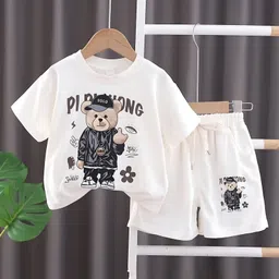 Googo Gaaga Cotton Half Sleeves Teddy Bear Printed Tee With Coordinating Shorts Set - White-picture-19