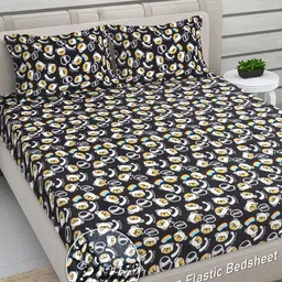 FABINALIV Black Cartoon Print Woollen King Size Fitted Double Bedsheet with 2 Pillow Covers-picture-34