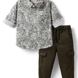 Babyhug Cotton Woven Full Sleeves Shirt & Trouser Set With Leaf Print - Olive Green-image-87