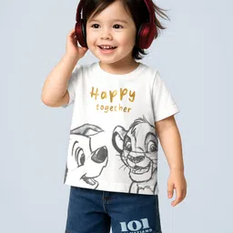 Babyoye Disney Single Jersey Knit Half Sleeves T-Shirt & Shorts Set with Lion King & 101 Dalmatian Graphics - White & Navy Blue-picture-16