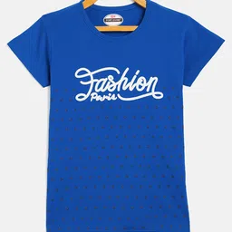 Fort Divine Cotton Lycra Knit Half Sleeves Polka Dots & Fashion Paris text Printed Tee - Royal Blue-picture-24