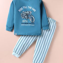 CUCUMBER Sinker Knit Full Sleeves Night Suit With Motorcycle Print - Blue-picture-24